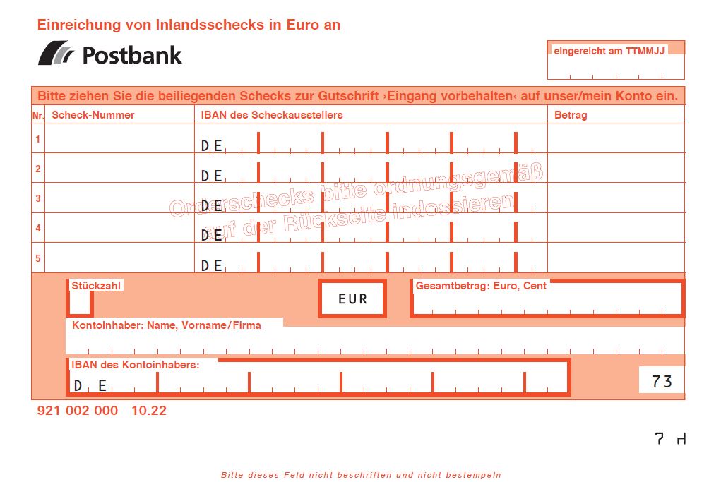 Einreichung von Inlandsschecks Postbank 