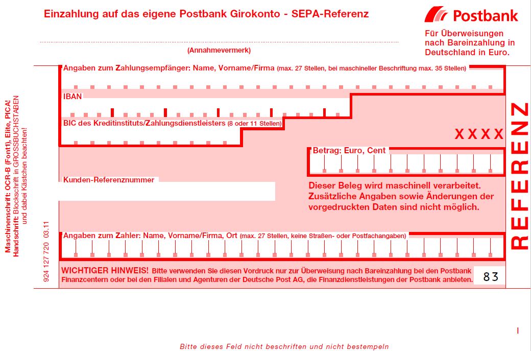 Einzahlung auf eigene Postbank Girokonto - SEPA  - Referenz