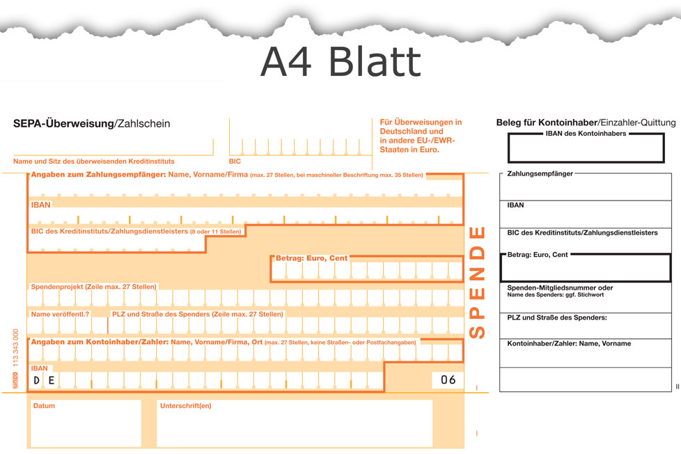 SEPA Spendenzahlschein für Laserdrucker, DIN A4, links