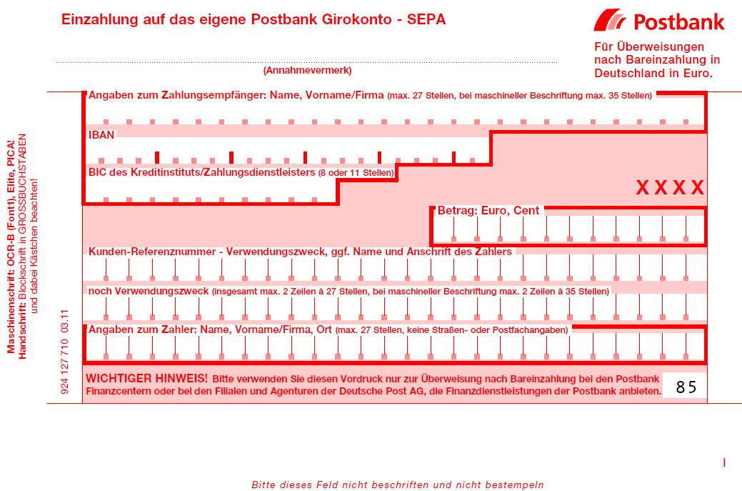 Einzahlung auf eigene Postbank Girokonto - SEPA 
